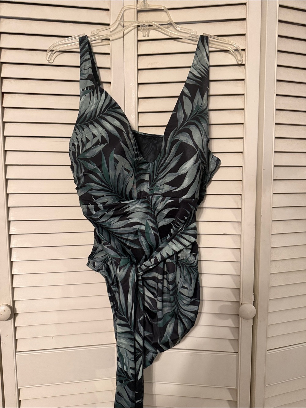 Women’s Leaf-Print One-Piece Swimsuit with Waist Tie - Teal & Black